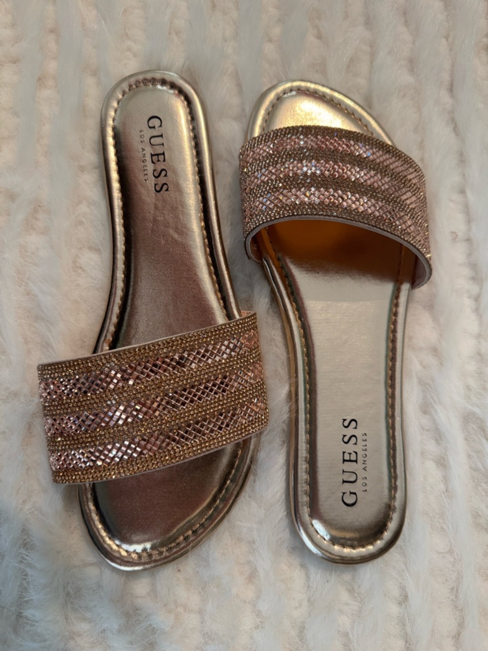 GUESS Rose Gold Crystal-Embellished Slide Sandals